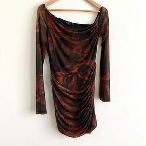 ASOS Off The Shoulder Mesh Mini Dress Womens 12 Brown Print Clubwear Party Sexy